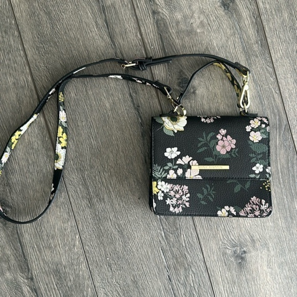 Steve Madden bag, small black floral adjustable strap